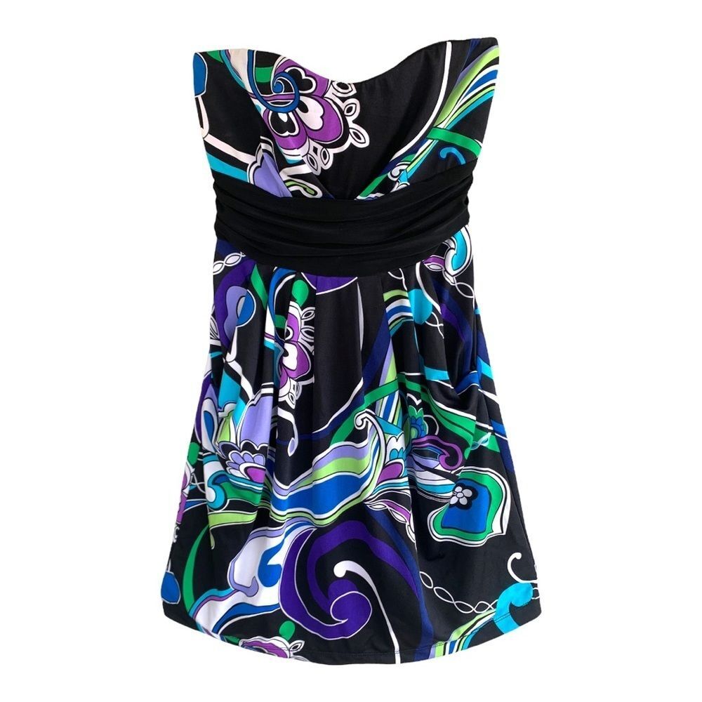 Strapless Black Multicolor Floral Print Dress